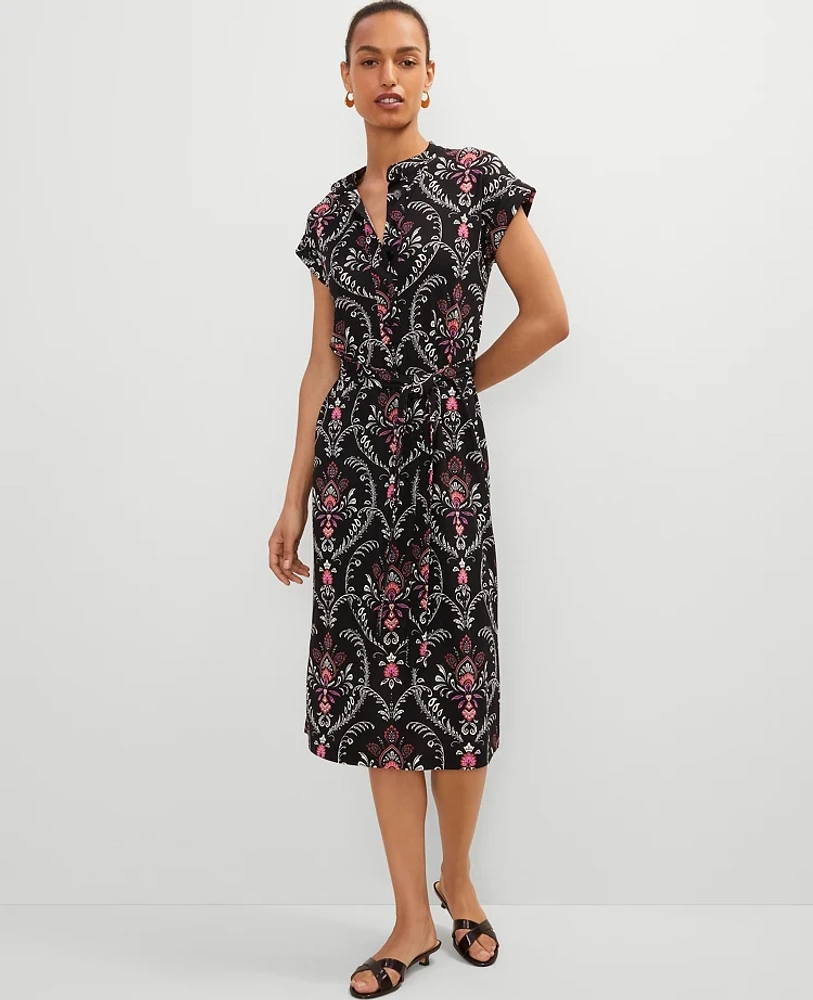 Ann Taylor Petite Floral Knit Belted Shirtdress Size 2XS Black Women's