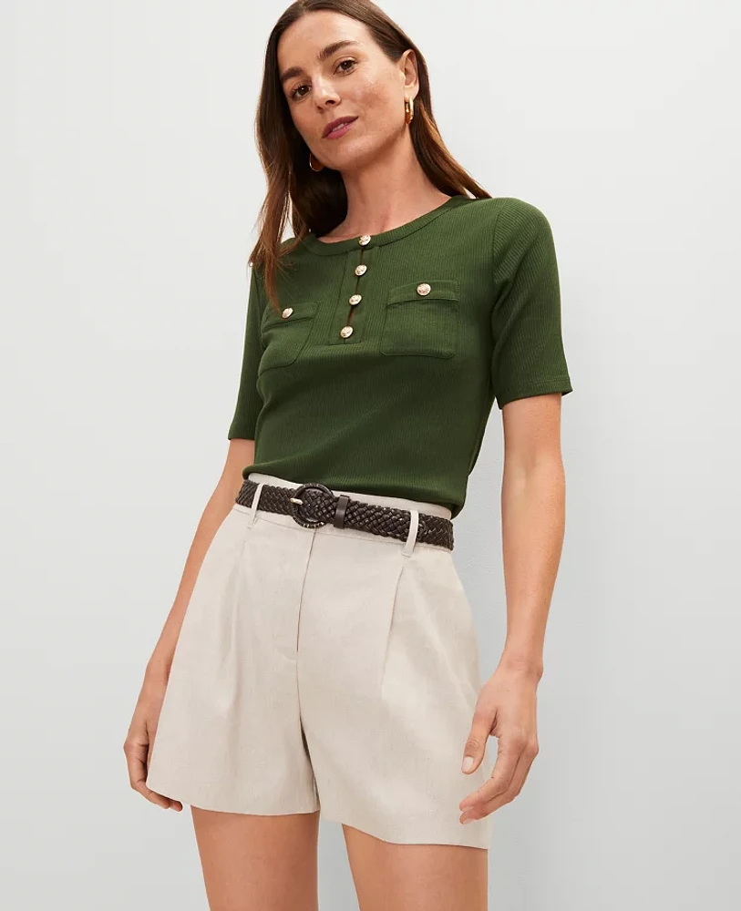 Ann Taylor Contrast Trim Henley Top Cypress Tree Women's