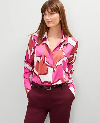 Ann Taylor Petite Floral Satin Essential Shirt Rose Violet Women's