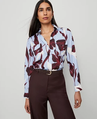 Ann Taylor Floral Camp Shirt Placid Blue Women's