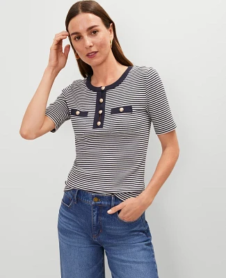 Ann Taylor Striped Contrast Trim Henley Top Navy/White Combo Women's