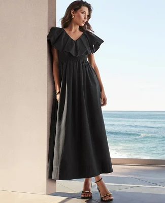Ann Taylor Petite Ruffle Collar Maxi Flare Dress Black Women's