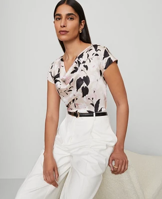 Ann Taylor Floral Satin Cowl Neck Top Pale Sandalwood Women's
