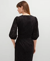 Ann Taylor Petite Eyelet Puff Sleeve Blouse Black Women's