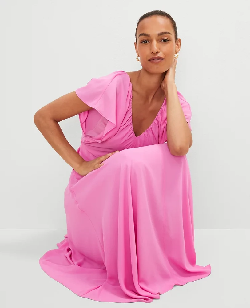 Ann Taylor Petite Flutter Sleeve Midi Flare Dress Pink Orchid Women's