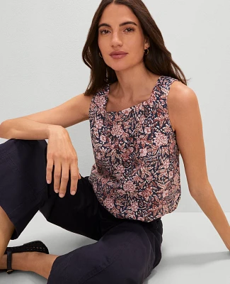 Ann Taylor Petite Weekend Collection Linen Blend Bubble Hem Top Size Large Navy Pebble Women's