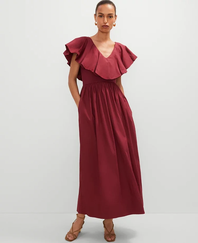 Ann Taylor Petite Ruffle Collar Maxi Flare Dress Moroccan Red Women's
