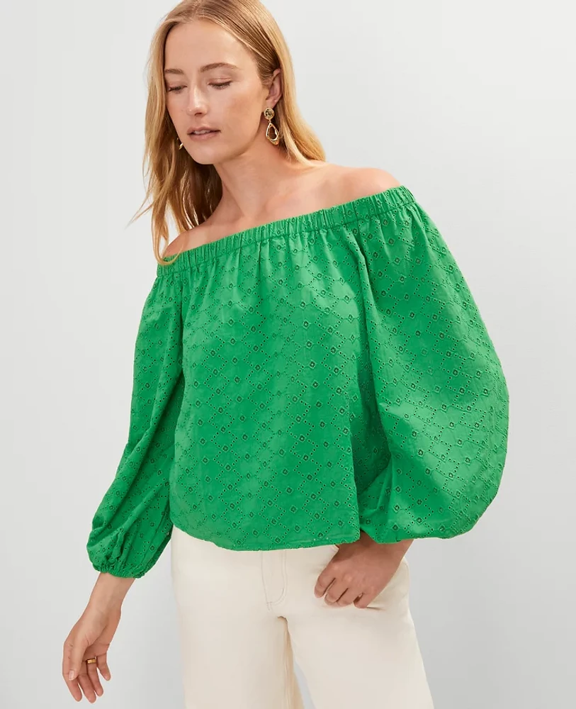 Ann Taylor Eyelet Off The Shoulder Top Natural Green Women's