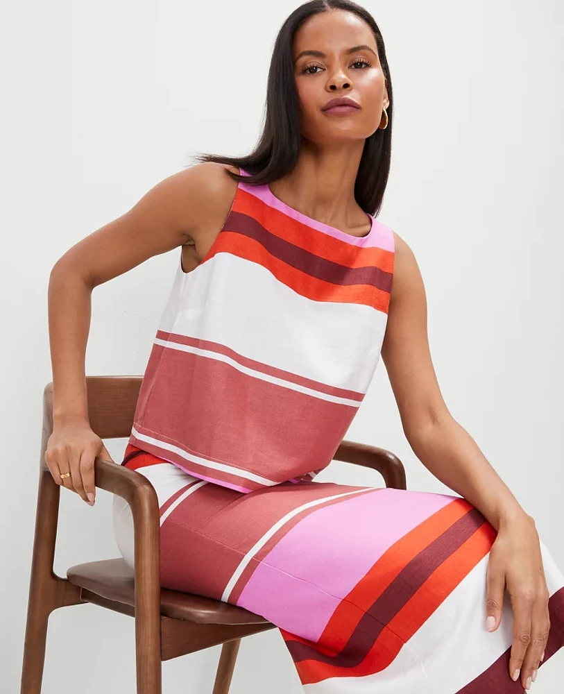 Ann Taylor Striped Linen Blend Tank Top Pink Orchid Women's