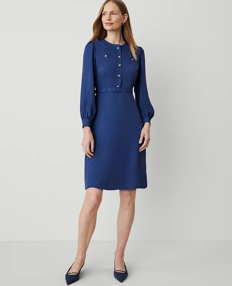 Ann Taylor Petite Long-Sleeve Flare Dress Calm Shores Women's