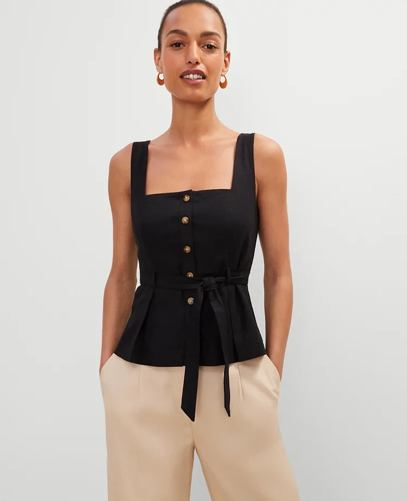 Ann Taylor Linen Blend Button Tie Waist Top Women's