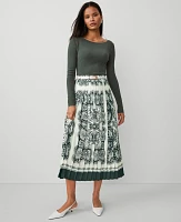 Ann Taylor Petite Paisley Satin Pleated Midi Skirt Dried Cilantro Women's