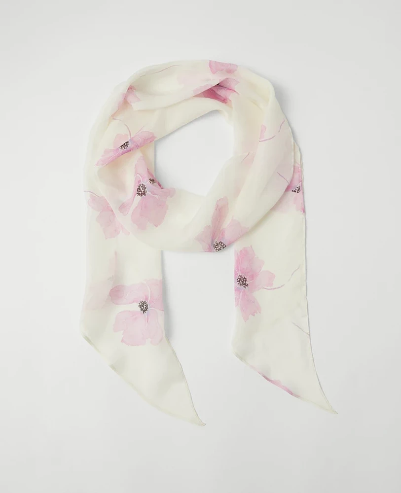 Ann Taylor Floral Skinny Silk Scarf Winter White Women's