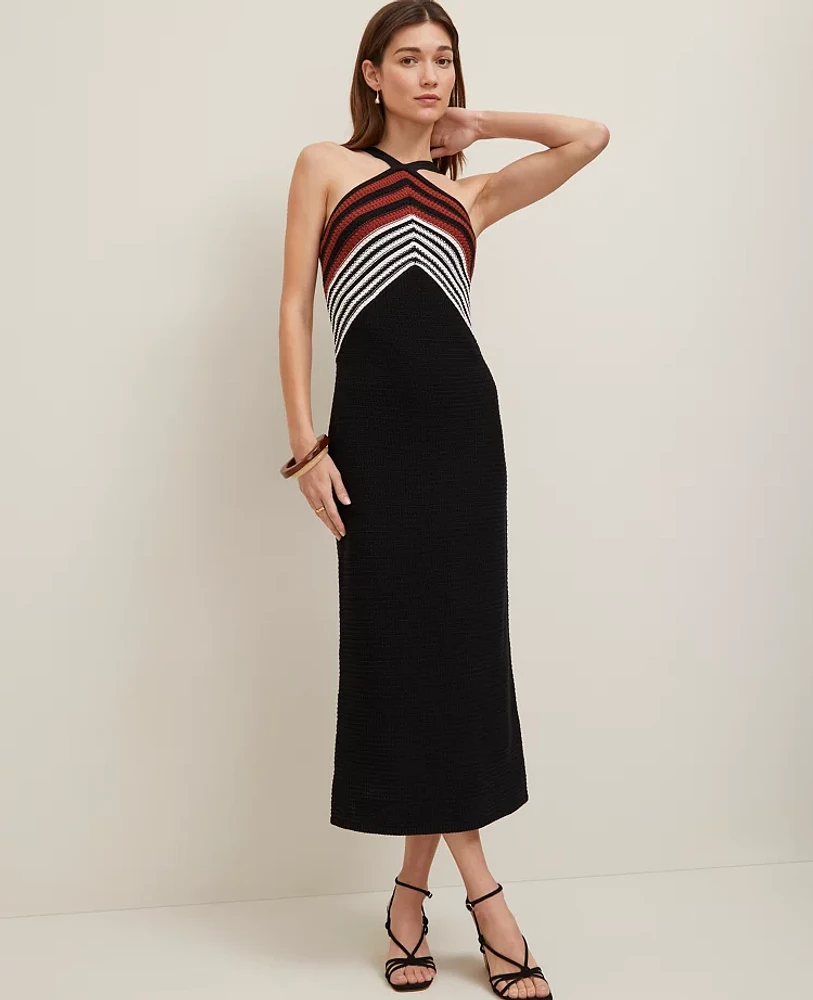 Ann Taylor Crochet Halter Sweater Dress Black/White Combo Women's