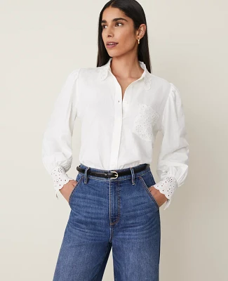 Ann Taylor Embroidered Linen Blend Pocket Shirt Women's