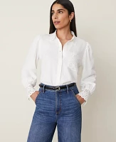 Ann Taylor Embroidered Linen Blend Pocket Shirt Women's