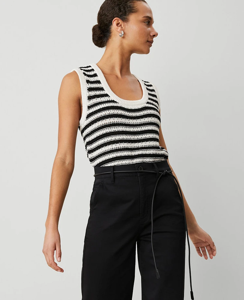 Ann Taylor Petite Weekend Collection Striped Open-Stitch Sweater Shell Top Black/White Combo Women's