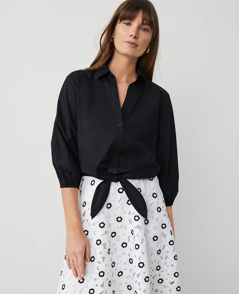 Ann Taylor Petite Tie Waist Blouse Black Women's