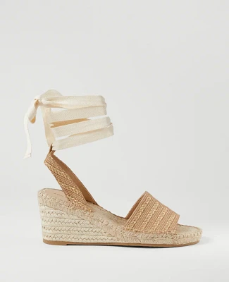 Ann Taylor Tweed Lace-Up Espadrille Wedge Sandals Natural Women's