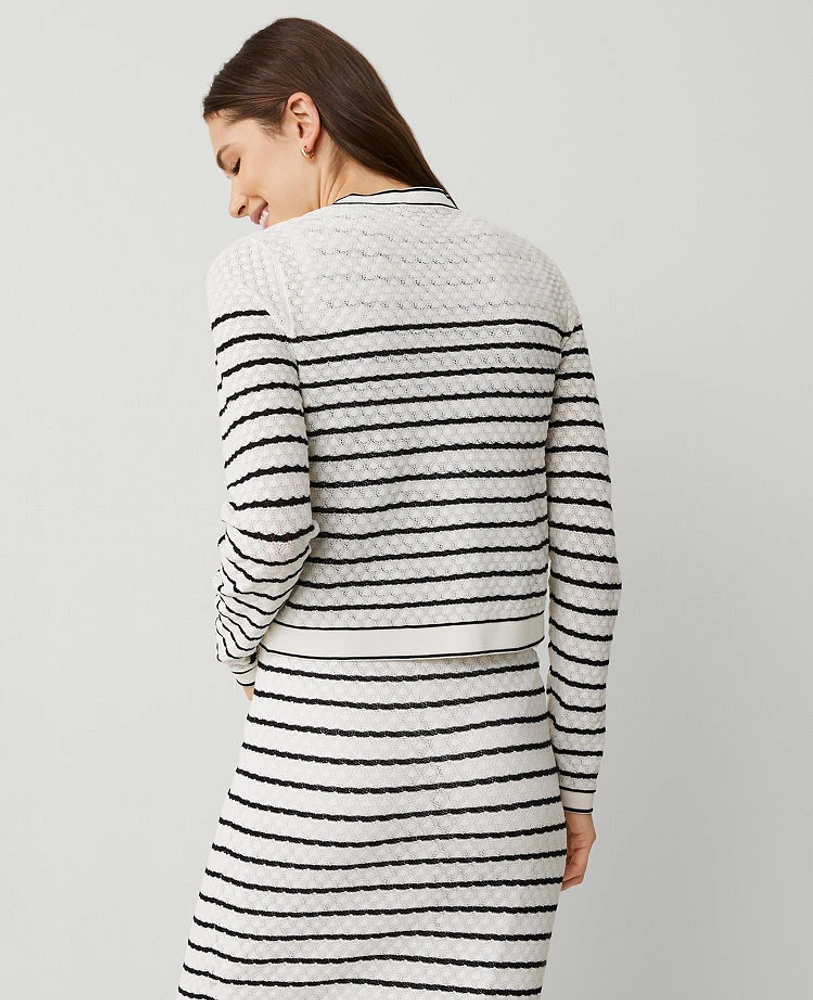 Ann Taylor Petite Textured Striped Pocket Cardigan White/Black Multi Women's