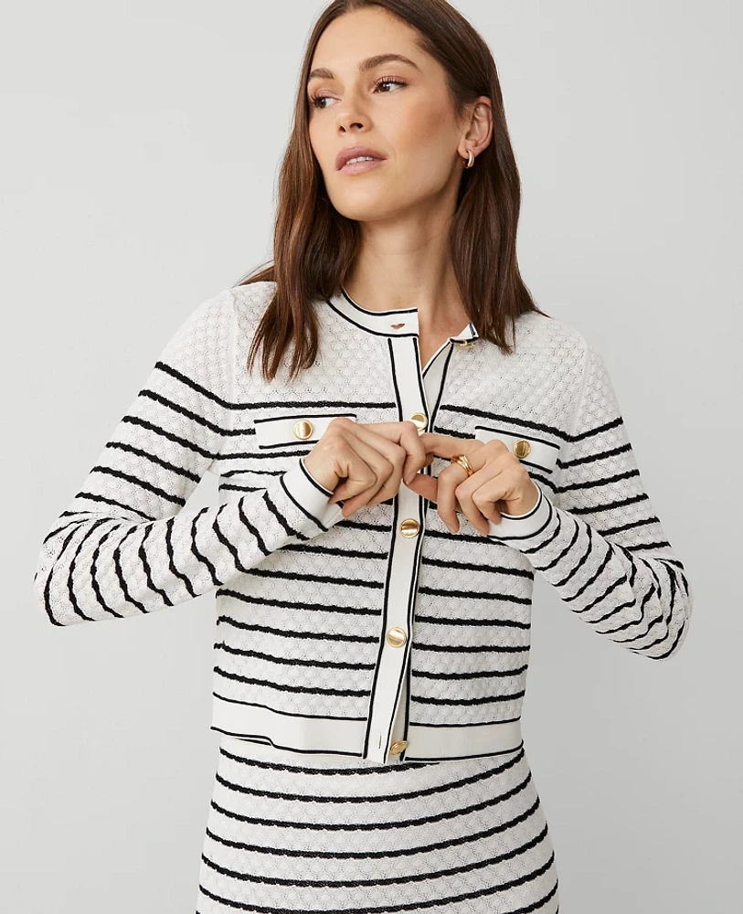 Ann Taylor Petite Textured Striped Pocket Cardigan White/Black Multi Women's