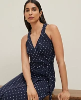 Ann Taylor Petite Polka Dot Halter Wrap Midi Dress Night Sky-White Women's
