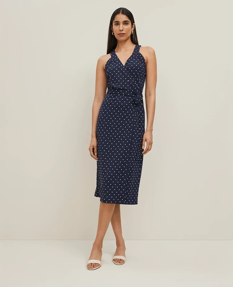 Ann Taylor Petite Polka Dot Halter Wrap Midi Dress Night Sky-White Women's