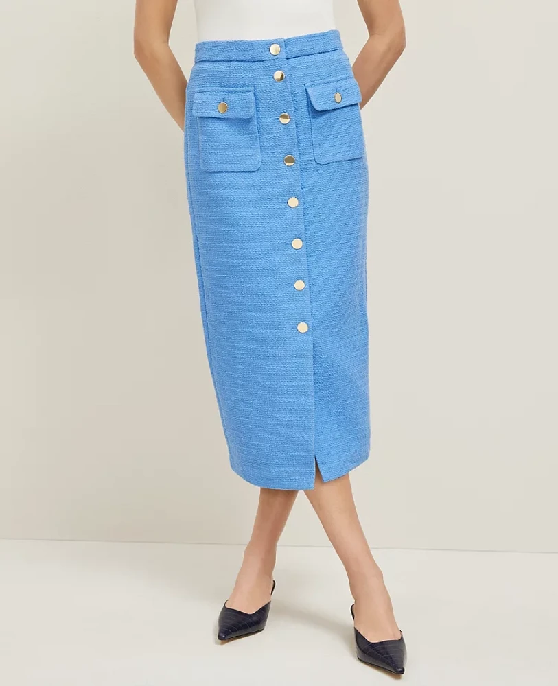Ann Taylor Petite Tweed Button Column Skirt Maritime Blue Women's