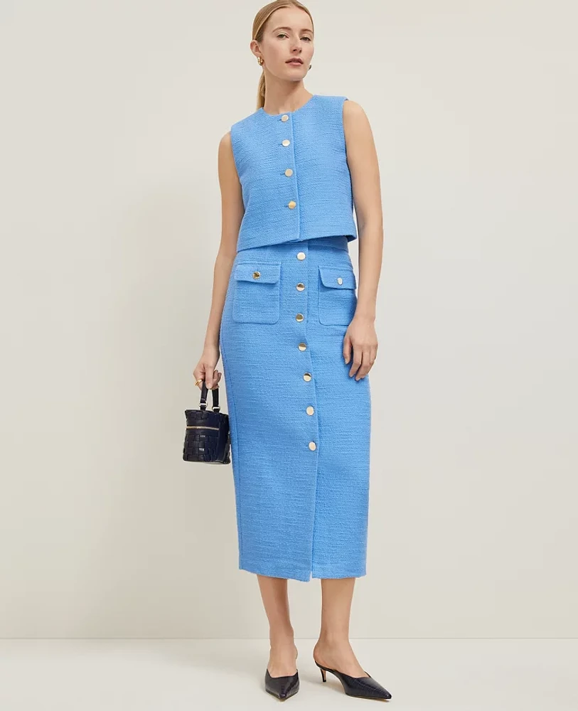 Ann Taylor Petite Tweed Button Column Skirt Maritime Blue Women's
