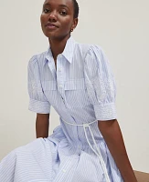 Ann Taylor Petite Embroidered Trim Striped Shirtdress Light Blue Women's