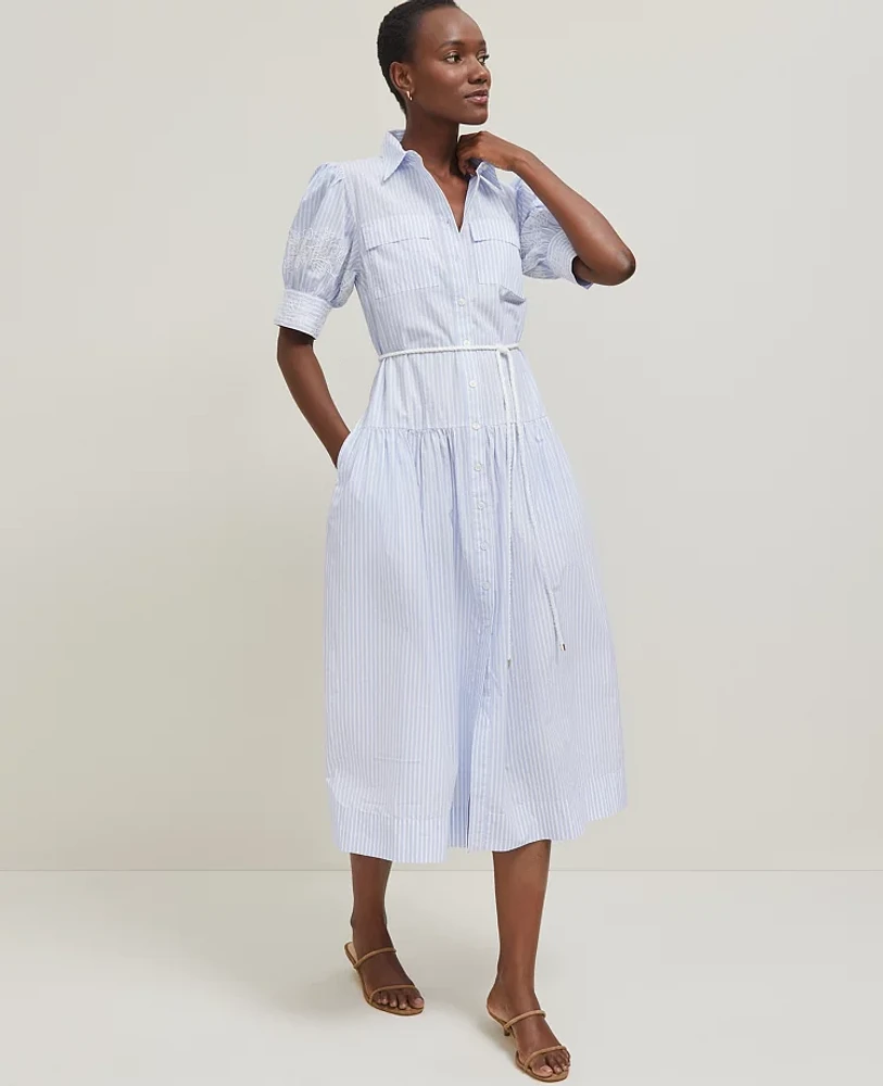 Ann Taylor Petite Embroidered Trim Striped Shirtdress Light Blue Women's