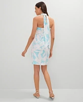 Ann Taylor Floral Knotted Linen Blend Midi Dress White-Gulf Stream Blue Women's