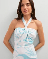 Ann Taylor Floral Knotted Linen Blend Midi Dress White-Gulf Stream Blue Women's