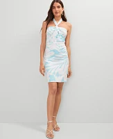 Ann Taylor Floral Knotted Linen Blend Midi Dress White-Gulf Stream Blue Women's