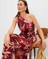 Ann Taylor Studio Collection One Shoulder Silk Dress Tropical Print Raspberry Truffle Women's