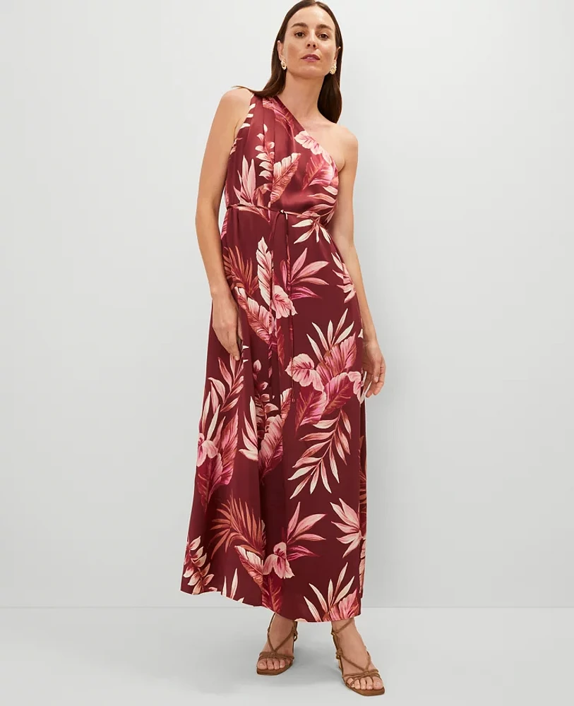Ann Taylor Studio Collection One Shoulder Silk Dress Tropical Print Raspberry Truffle Women's