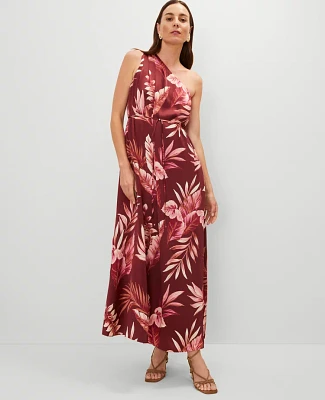 Ann Taylor Studio Collection One Shoulder Silk Dress Tropical Print Raspberry Truffle Women's