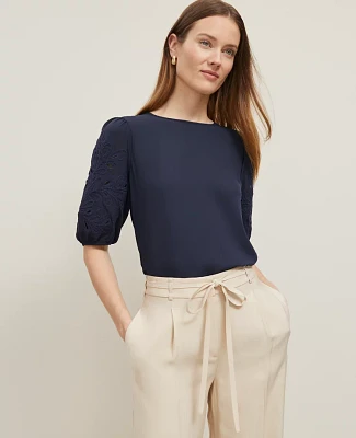 Ann Taylor Embroidered Mixed Media Top Night Sky Women's