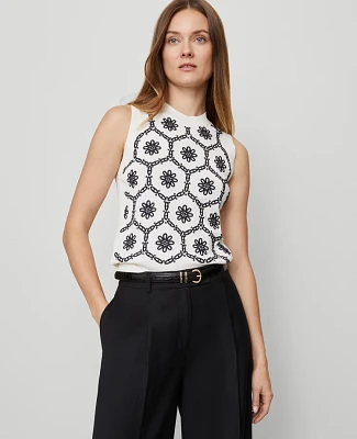 Ann Taylor Floral Embroidered Sweater Shell Top White/Navy Women's