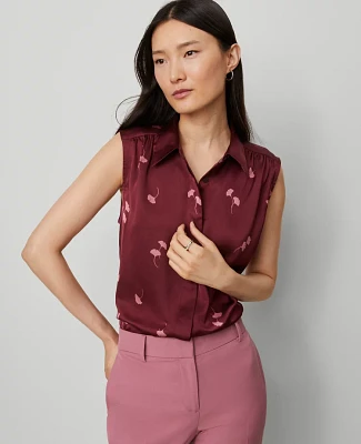 Ann Taylor Floral Shirred Yoke Sleeveless Shirt Windsor Wine Women's