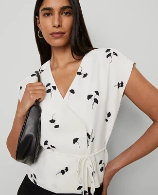 Ann Taylor Floral Wrap Tie Waist Blouse Winter White Women's