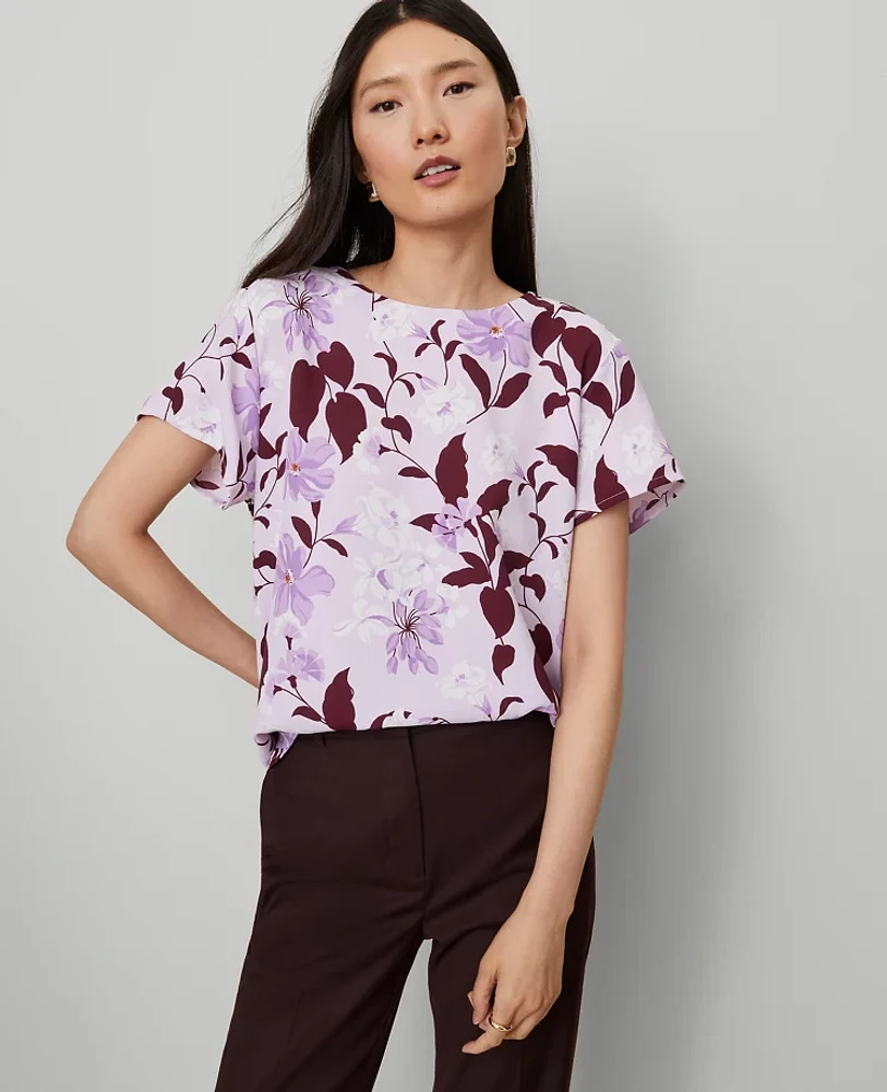 Ann Taylor Floral Mixed Media Crew Neck T-Shirt Spring Lilac C Women's