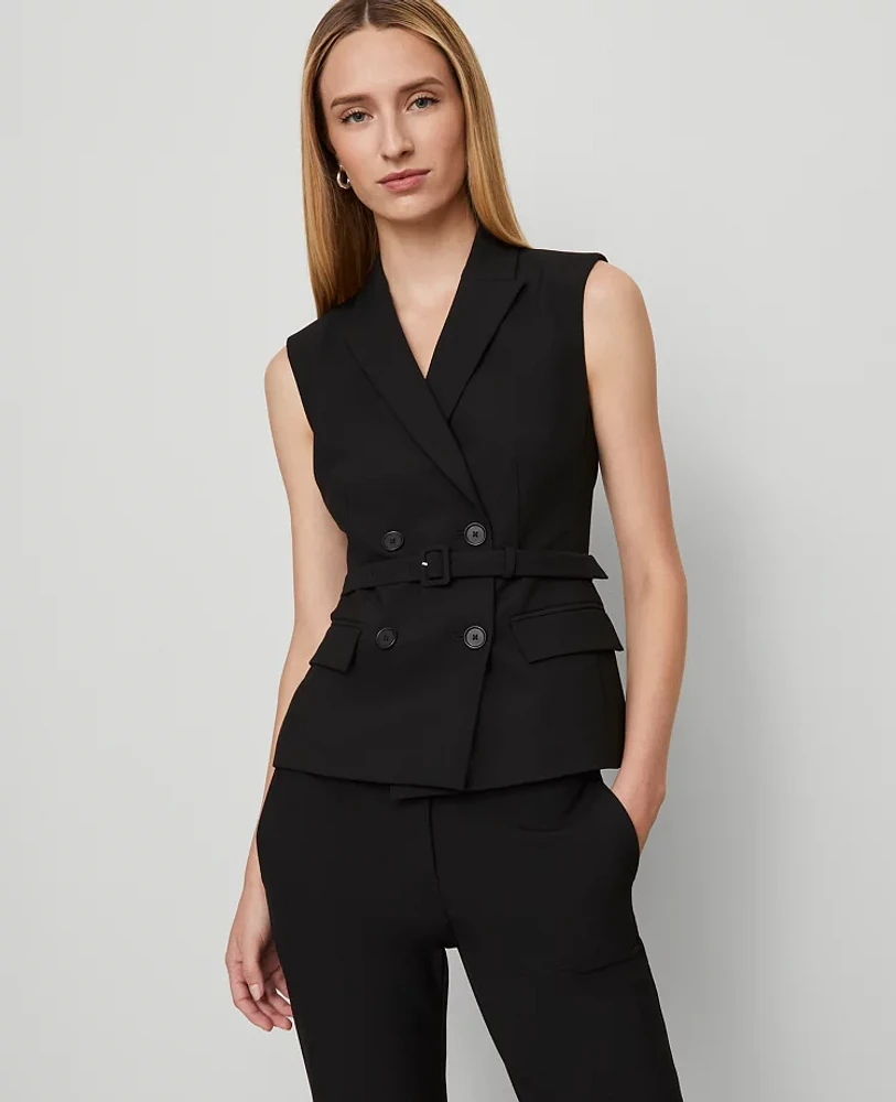 Ann Taylor Belted Double-Breasted Vest Seasonless Stretch Core Black Women's