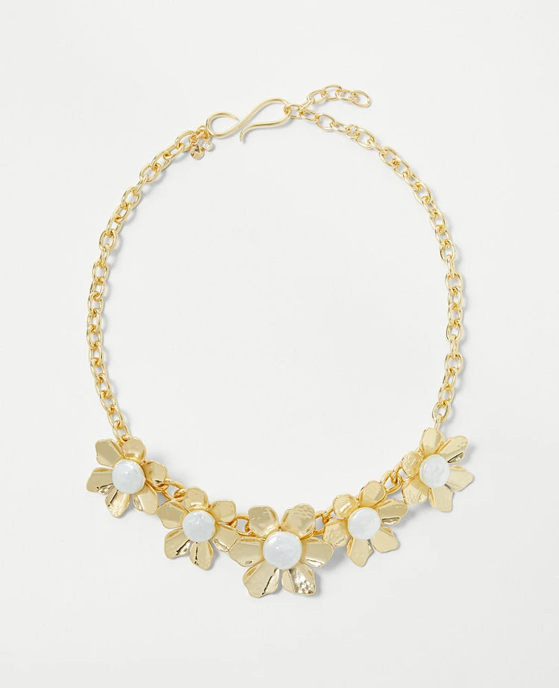 Ann Taylor Pearlized Textured Metal Flower Statement Necklace Goldtone Women's