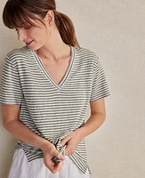 Ann Taylor Haven Well Within Linen Jersey Striped V-Neck T-Shirt Vetiver Women's