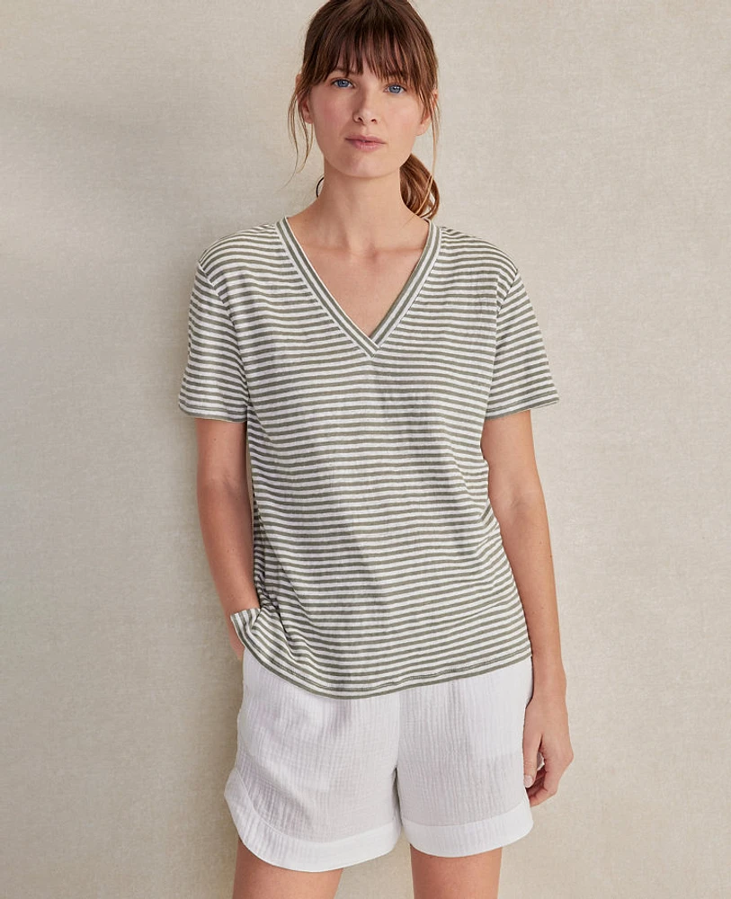 Ann Taylor Haven Well Within Linen Jersey Striped V-Neck T-Shirt Vetiver Women's