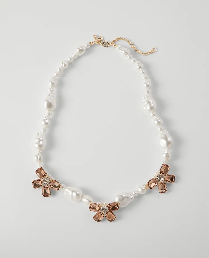 Ann Taylor Pearlized Crystal Flower Statement Necklace Ivory Women's