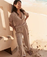 Ann Taylor Haven Well Within Organic Cotton Linen Open Stitch Pullover Light Stone Women's