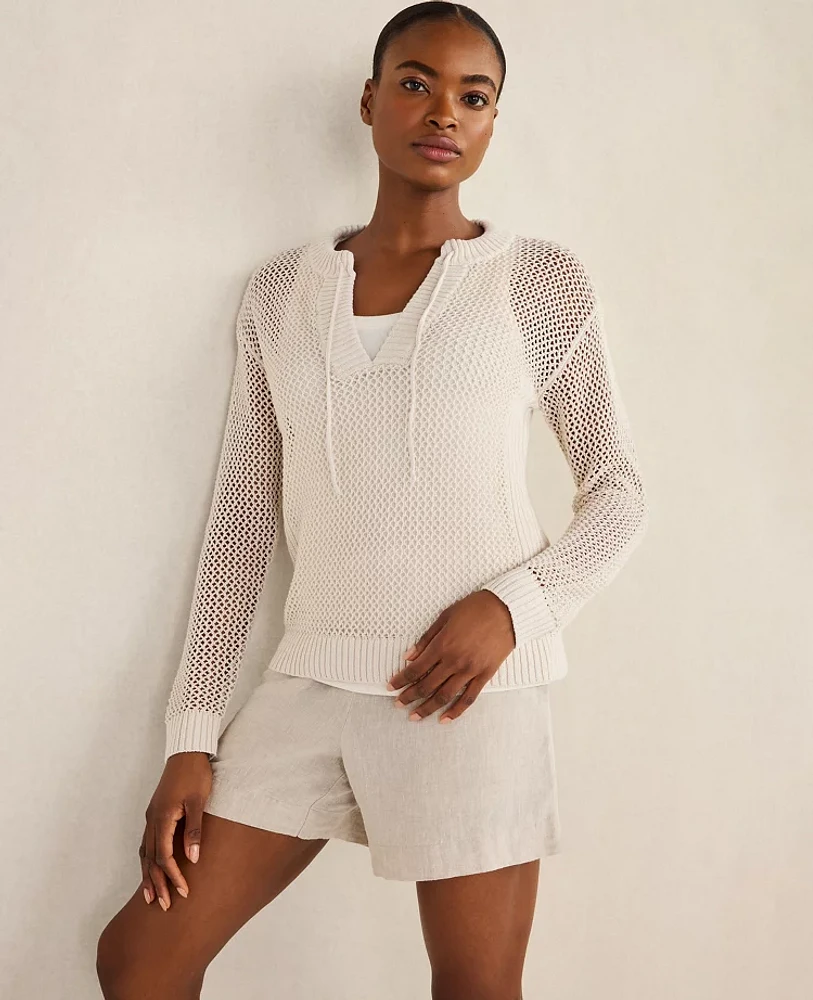 Ann Taylor Haven Well Within Organic Cotton Linen Open Stitch Pullover Light Stone Women's