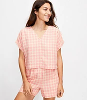 Petite Lou & Grey Gingham Linen V-Neck Top